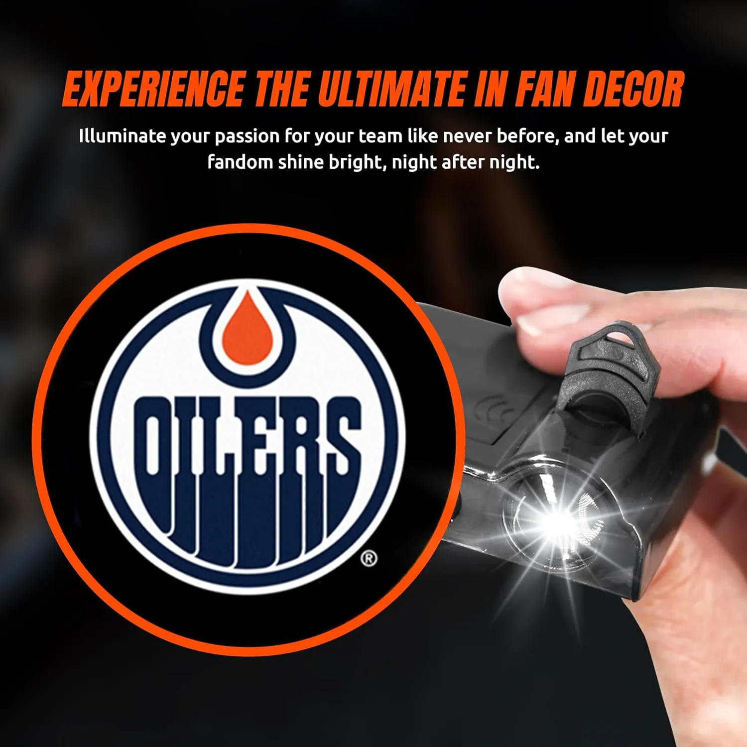 NHL American Hockey Edmonton Oilers - Led Car Door Light - Wireless Led Projector with One Team Logo Slide - Compatible for Most Car Models - Battery-Operated, 2.5” x 2.5”