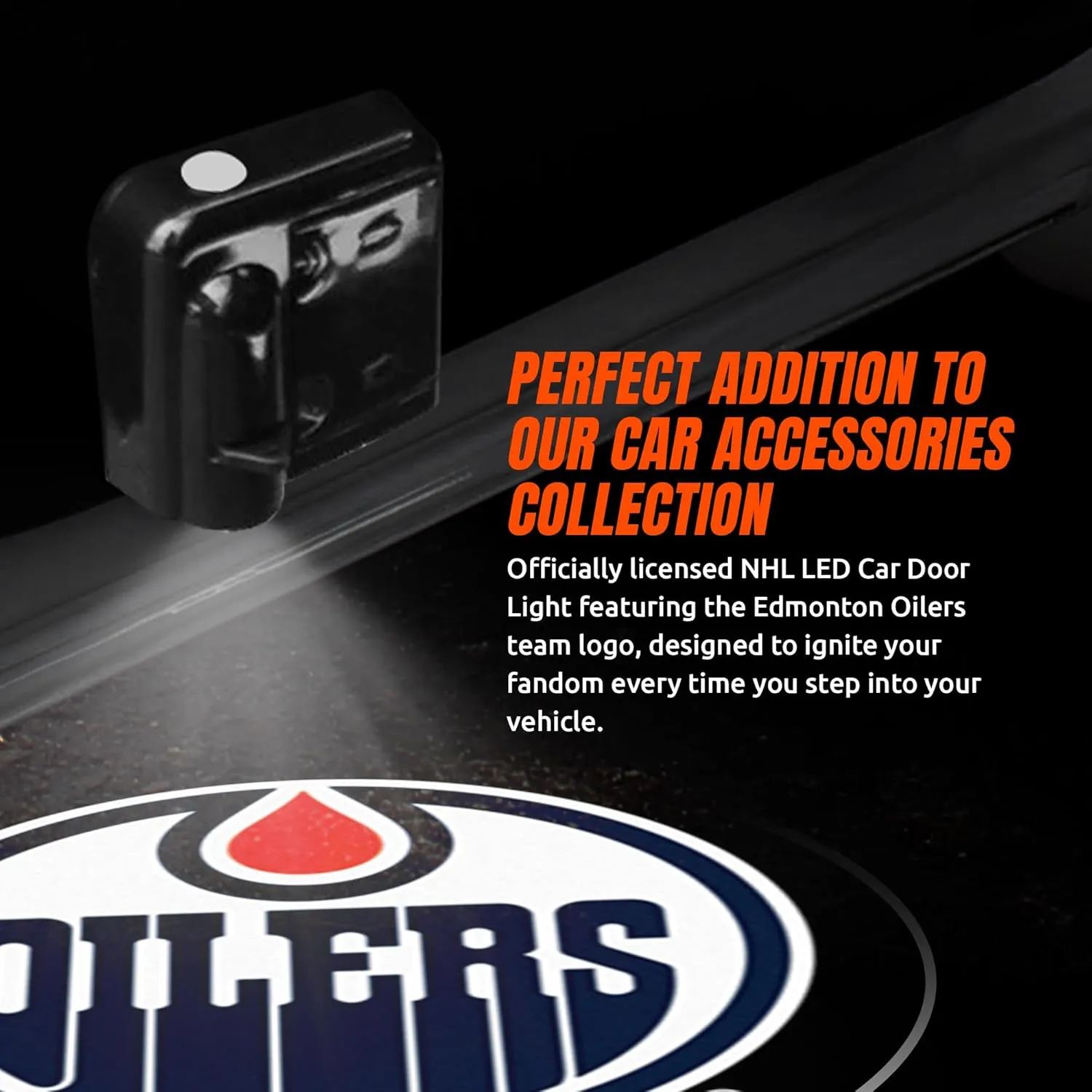 NHL American Hockey Edmonton Oilers - Led Car Door Light - Wireless Led Projector with One Team Logo Slide - Compatible for Most Car Models - Battery-Operated, 2.5” x 2.5”