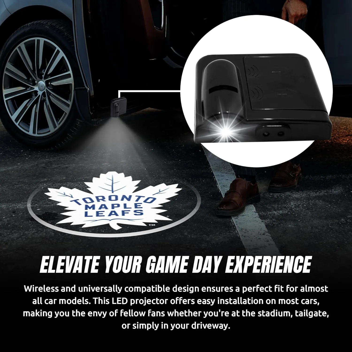 NHL American Hockey Toronto Maple Leafs - Led Car Door Light - Wireless Led Projector with One Team Logo Slide - Compatible for Most Car Models - Battery-Operated, 2.5” x 2.5”