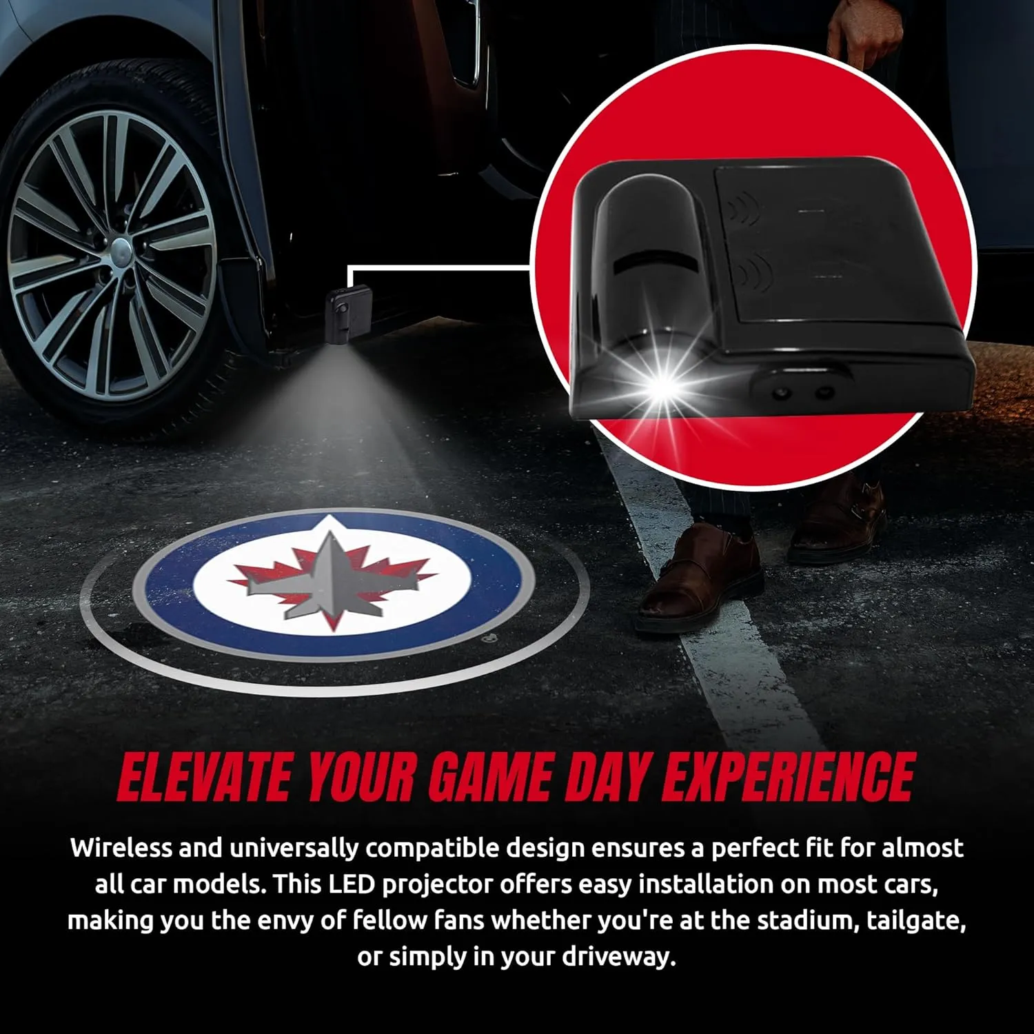 NHL American Hockey Winnipeg Jets - Led Car Door Light - Wireless Led Projector with One Team Logo Slide - Compatible for Most Car Models - Battery-Operated, 2.5” x 2.5”