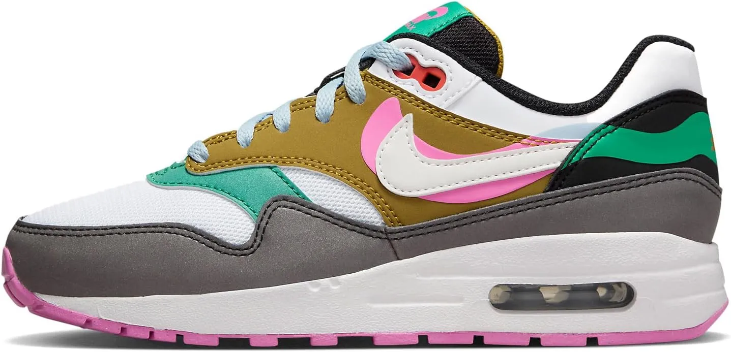 Nike Air Max 1 SE Big Kids' Shoes (FJ3286-001, Black/Playful Pink/Stadium Green) Size 7