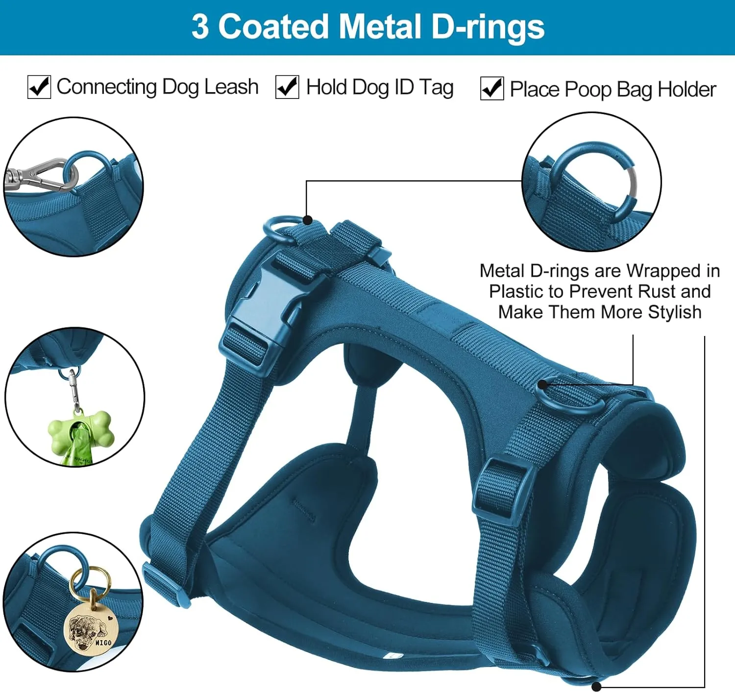 No Pull Lightweight Dog Harness: Adjustable Durable Breathable Mesh Pet Vest Harness with Soft & Comfortable Cushion, for Small Medium Large Dogs (XS, Navy)
