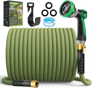 Non-Expandable Garden Hose 50 ft, Ultra Lightweight Flexible Water Hose with 10-Pattern Nozzle, Kink-Resistant, Leak-Proof, High-Density Fabric, Thickened Connector, Shut-Off Valve & Holder