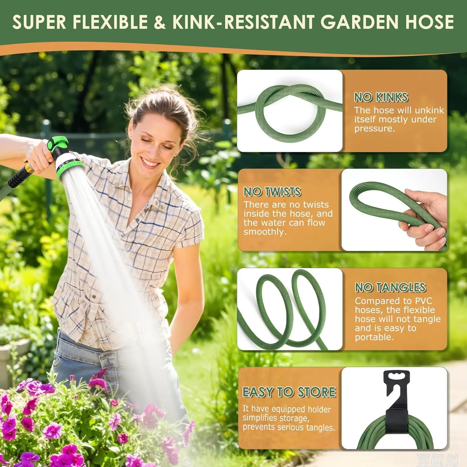 Non-Expandable Garden Hose 50 ft, Ultra Lightweight Flexible Water Hose with 10-Pattern Nozzle, Kink-Resistant, Leak-Proof, High-Density Fabric, Thickened Connector, Shut-Off Valve & Holder