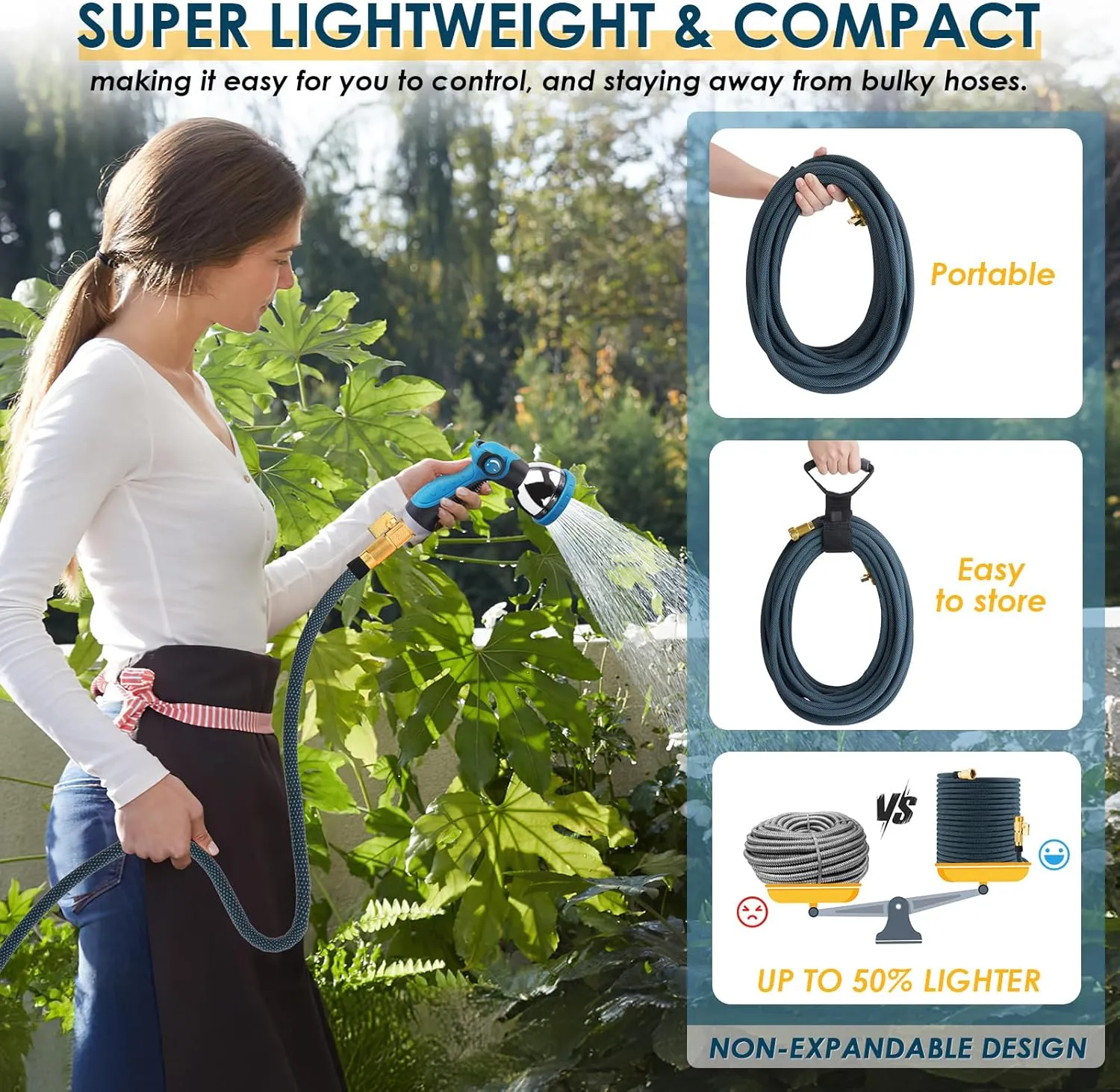 Non-Expanding Garden Hose 100 ft, Flexible Kink Free Water Hose with 10 Watering Spray Nozzle, Lightweight Hose Pipe, Leak-Proof, Durable, 3/4" Brass Alloy Connector, Portable Storage Strap