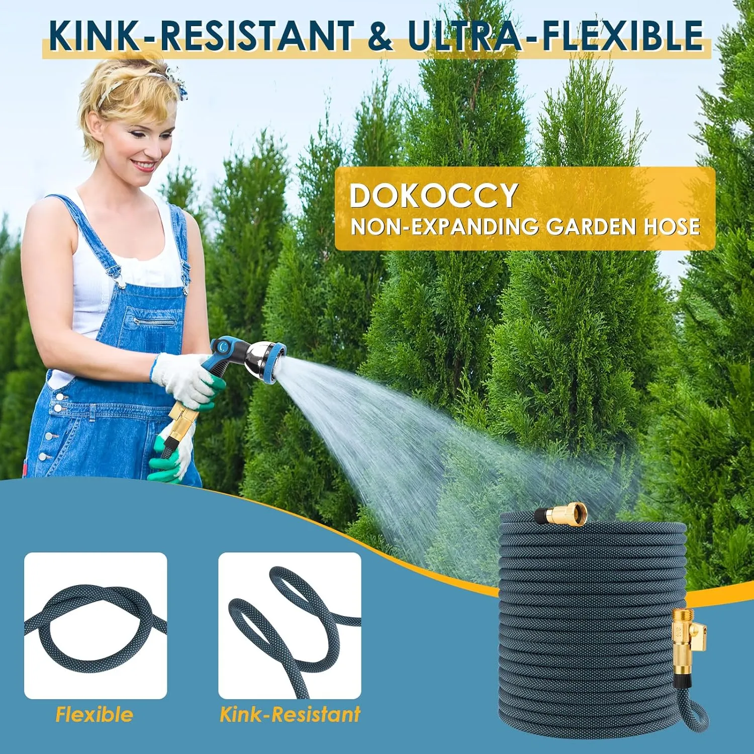Non-Expanding Garden Hose 100 ft, Flexible Kink Free Water Hose with 10 Watering Spray Nozzle, Lightweight Hose Pipe, Leak-Proof, Durable, 3/4" Brass Alloy Connector, Portable Storage Strap