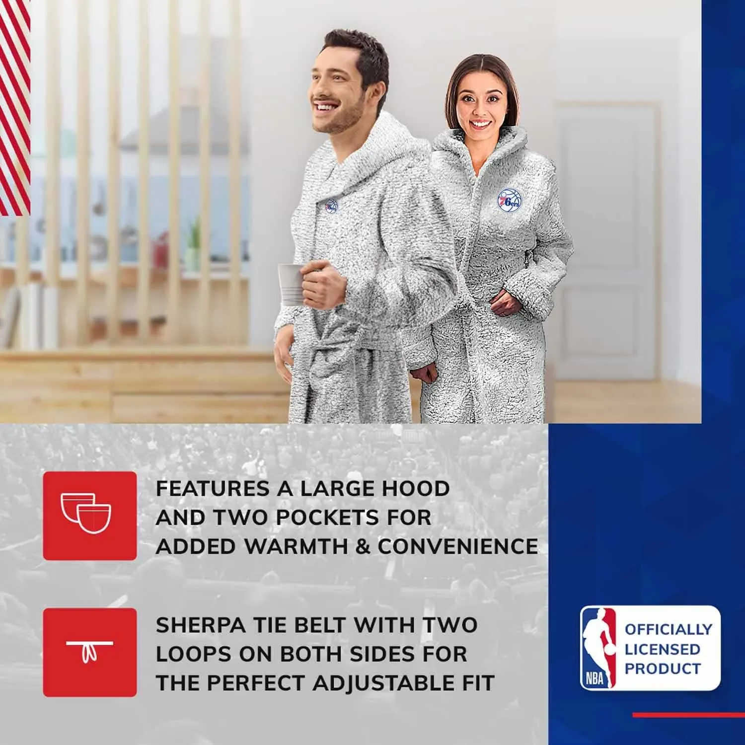 NORTHWEST NBA Adult Plush Hooded Robe with Pockets - 100% Polyester Sherpa Blend - Machine Washable - Relaxation & Style