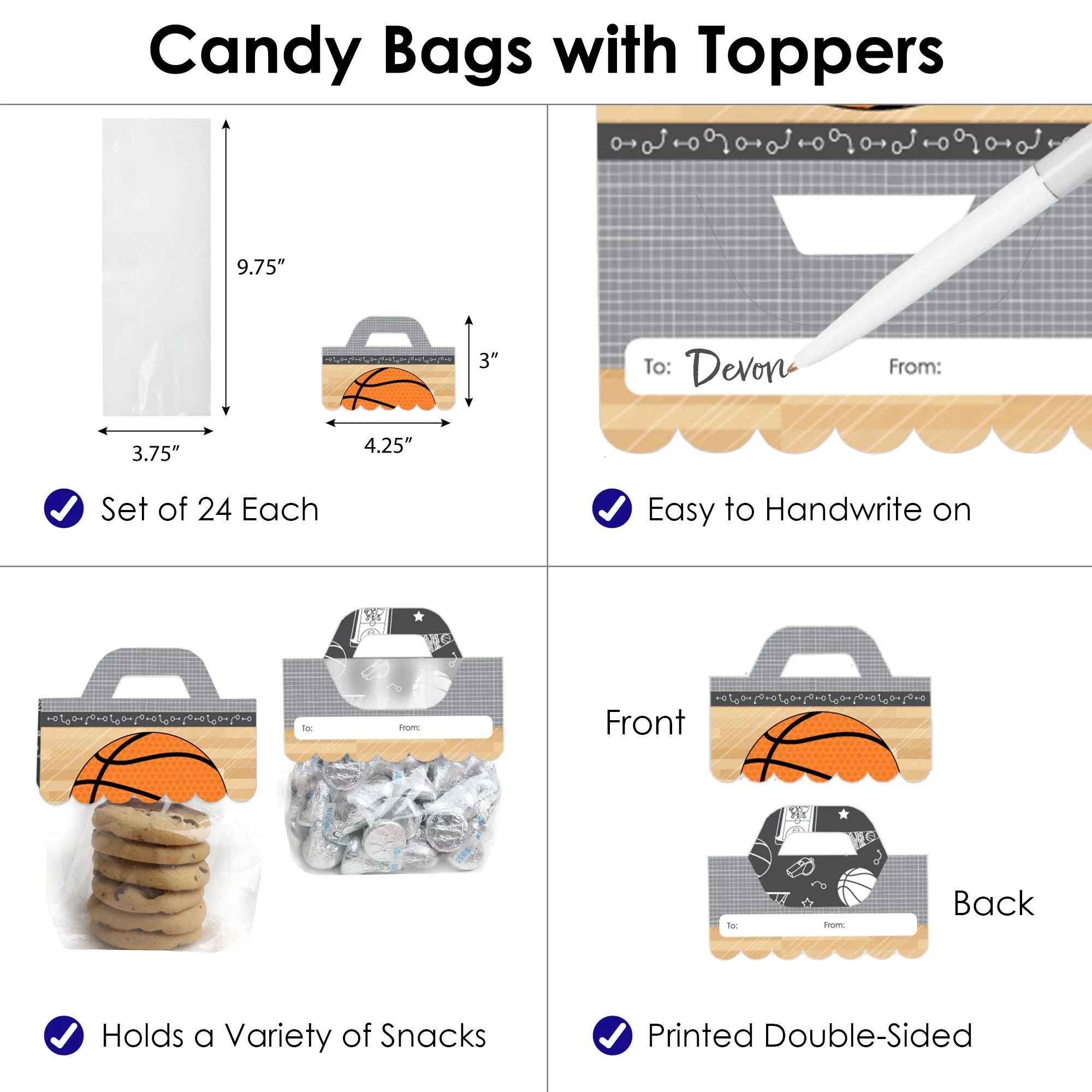 Nothin’ But Net - Basketball - DIY Baby Shower or Birthday Party Clear Goodie Favor Bag Labels - Candy Bags with Toppers - Set of 24
