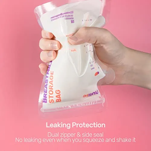 Nuliie 120 Pcs Breastmilk Storage Bags, 8 OZ Breast Milk Storing Bags, BPA-Free, Milk Storage Bags with Pour Spout for Breastfeeding, Self-Standing Bag, Space Saving Flat Profile
