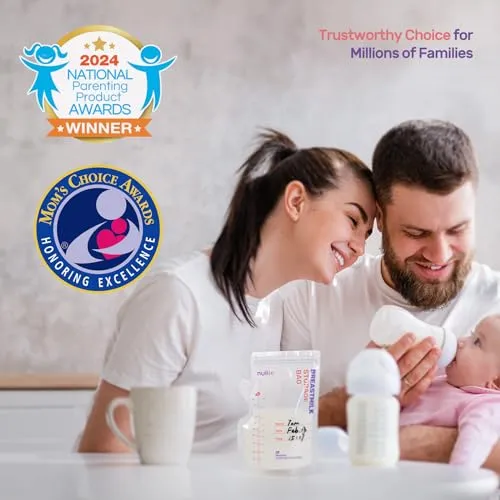 Nuliie 50 Pcs Breastmilk Storage Bags, 8 OZ Breast Milk Storing Bags, BPA-Free, Milk Storage Bags with Pour Spout for Breastfeeding, Self-Standing Bag, Space Saving Flat Profile