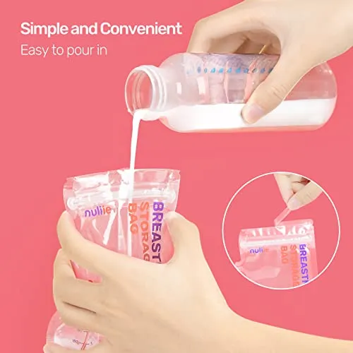 Nuliie 50 Pcs Breastmilk Storage Bags, 8 OZ Breast Milk Storing Bags, BPA-Free, Milk Storage Bags with Pour Spout for Breastfeeding, Self-Standing Bag, Space Saving Flat Profile