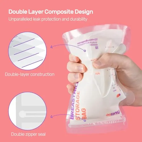 Nuliie 50 Pcs Breastmilk Storage Bags, 8 OZ Breast Milk Storing Bags, BPA-Free, Milk Storage Bags with Pour Spout for Breastfeeding, Self-Standing Bag, Space Saving Flat Profile