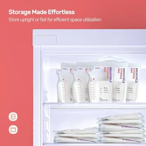 Nuliie 50 Pcs Breastmilk Storage Bags, 8 OZ Breast Milk Storing Bags, BPA-Free, Milk Storage Bags with Pour Spout for Breastfeeding, Self-Standing Bag, Space Saving Flat Profile