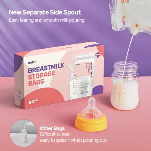Nuliie 80 Pcs Breastmilk Storage Bags, 8 OZ Breast Milk Storing Bags, BPA Free, Milk Storage Bags with Pour Spout for Breastfeeding, Self-Standing Bag, Space Saving Flat Profile