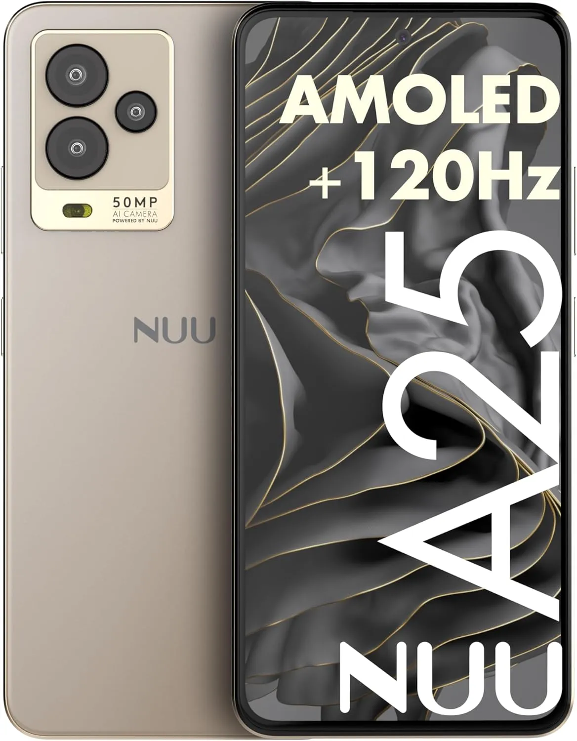 NUU A25 AMOLED 120Hz 6.7" Phone for T-Mobile, ATT, Cricket, Mint, Ultra, Metro, Gaming Phones, Octa-Core Helio G99, 4G/LTE Dual SIM, 6GB   128GB 50MP Camera, Champagne, International Travel