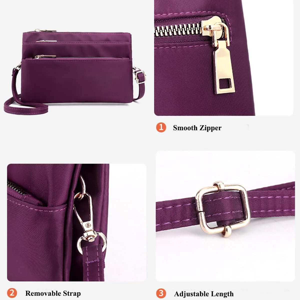 Nylon Small Cross Body Bags for Women Multi Pockets Phone Shoulder Bag Travel Mini Handbag Ladies Cross Body Bag (Purple)