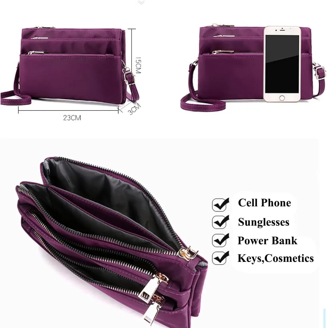 Nylon Small Cross Body Bags for Women Multi Pockets Phone Shoulder Bag Travel Mini Handbag Ladies Cross Body Bag (Purple)