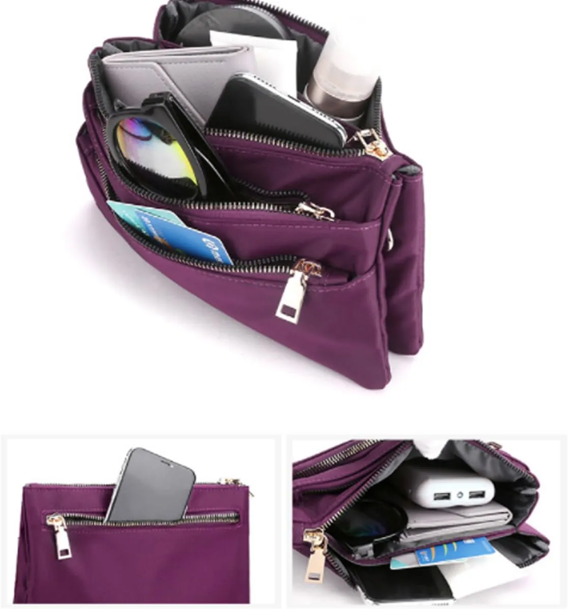 Nylon Small Cross Body Bags for Women Multi Pockets Phone Shoulder Bag Travel Mini Handbag Ladies Cross Body Bag (Purple)