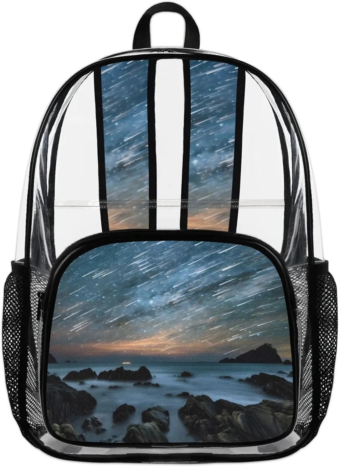 Ocean Landscape Meteor Shower Clear Backpack for Stadium Events Heavy Duty Transparent Daypack PVC See Through Clear BookBag for for Women Men Adults Concerts Work Festival Sports Travel