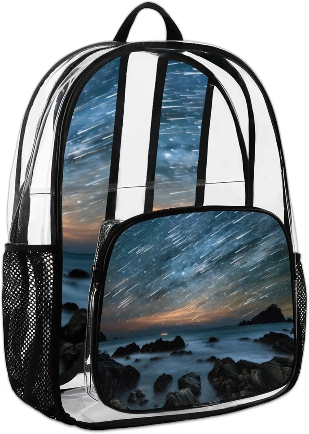 Ocean Landscape Meteor Shower Clear Backpack for Stadium Events Heavy Duty Transparent Daypack PVC See Through Clear BookBag for for Women Men Adults Concerts Work Festival Sports Travel