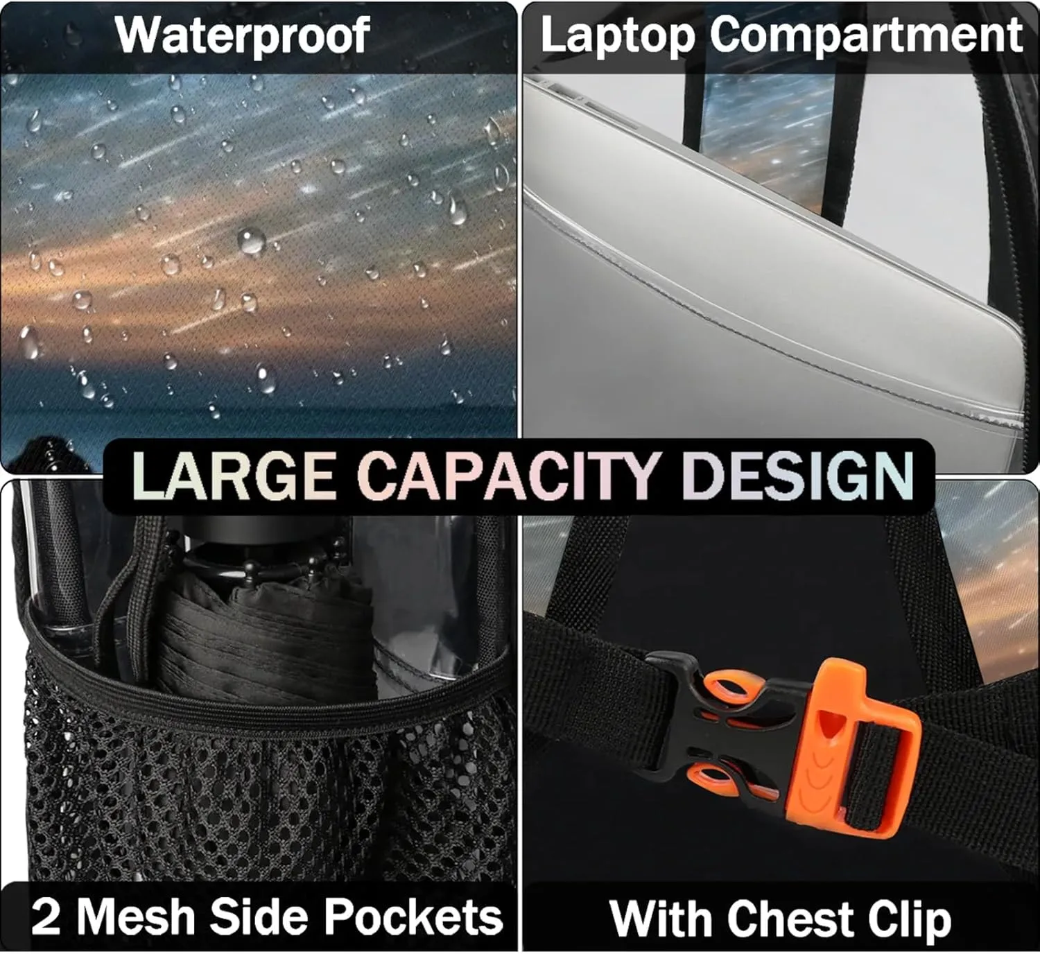 Ocean Landscape Meteor Shower Clear Backpack for Stadium Events Heavy Duty Transparent Daypack PVC See Through Clear BookBag for for Women Men Adults Concerts Work Festival Sports Travel