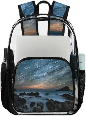 Ocean Landscape Meteor Shower Clear Backpack for Stadium Events Heavy Duty Transparent Daypack PVC See Through Clear BookBag for for Women Men Adults Concerts Work Festival Sports Travel