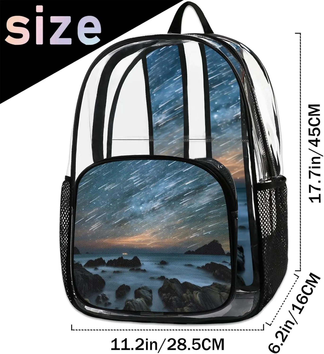 Ocean Landscape Meteor Shower Clear Backpack for Stadium Events Heavy Duty Transparent Daypack PVC See Through Clear BookBag for for Women Men Adults Concerts Work Festival Sports Travel
