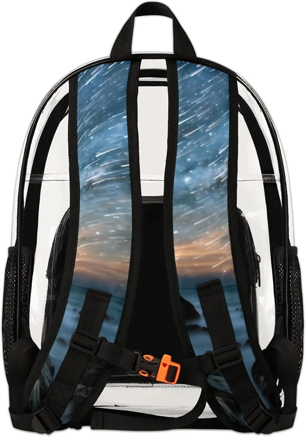 Ocean Landscape Meteor Shower Clear Backpack for Stadium Events Heavy Duty Transparent Daypack PVC See Through Clear BookBag for for Women Men Adults Concerts Work Festival Sports Travel