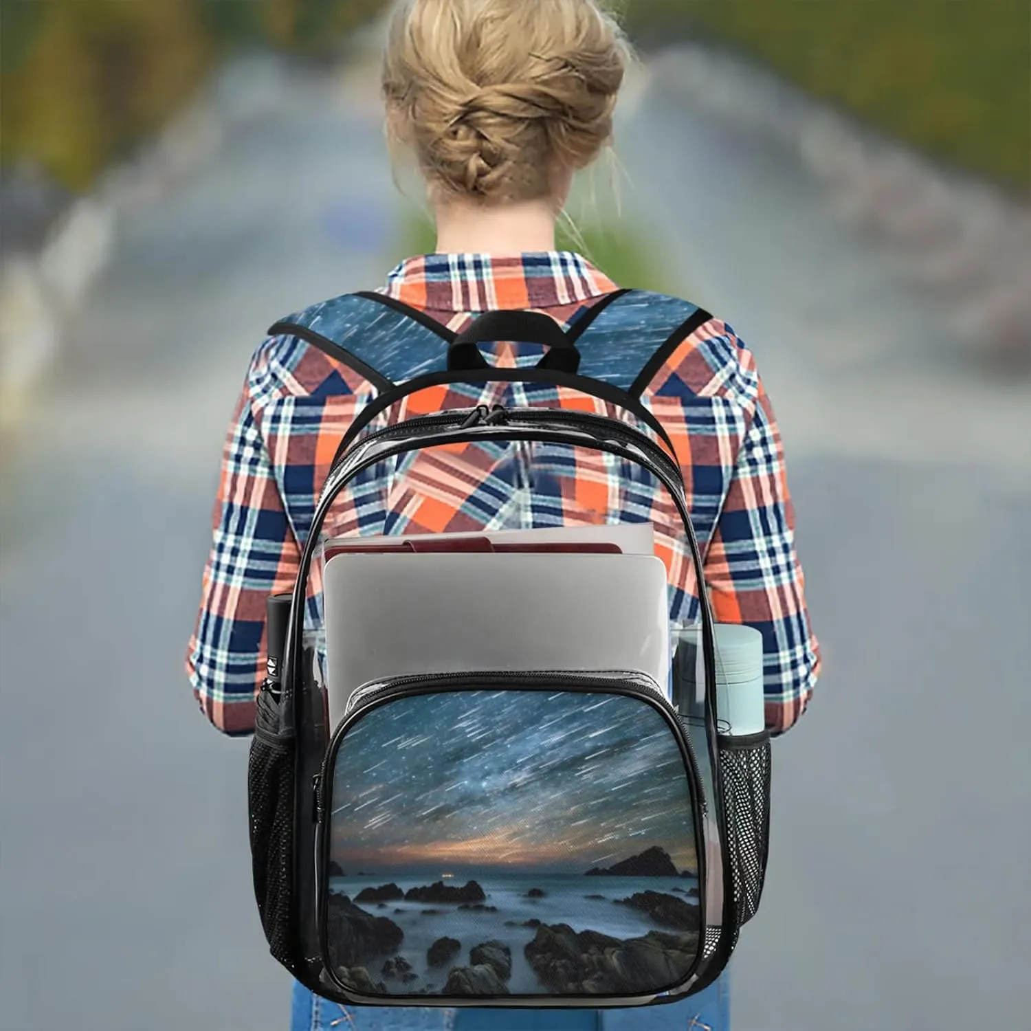 Ocean Landscape Meteor Shower Clear Backpack for Stadium Events Heavy Duty Transparent Daypack PVC See Through Clear BookBag for for Women Men Adults Concerts Work Festival Sports Travel