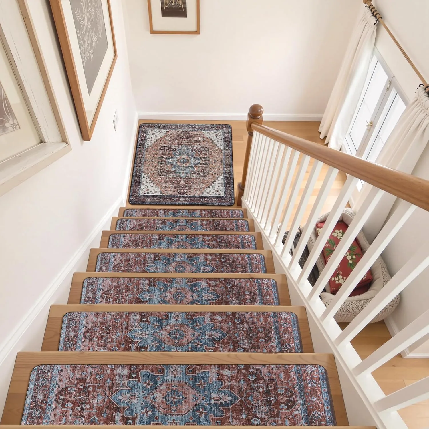 OJIA Non-Slip Stair Treads Matching Mat for Wooden Steps, Square Rubber Backing Anti-Slip Stair Carpet Landing Mat Stair Rugs 31x31 inch