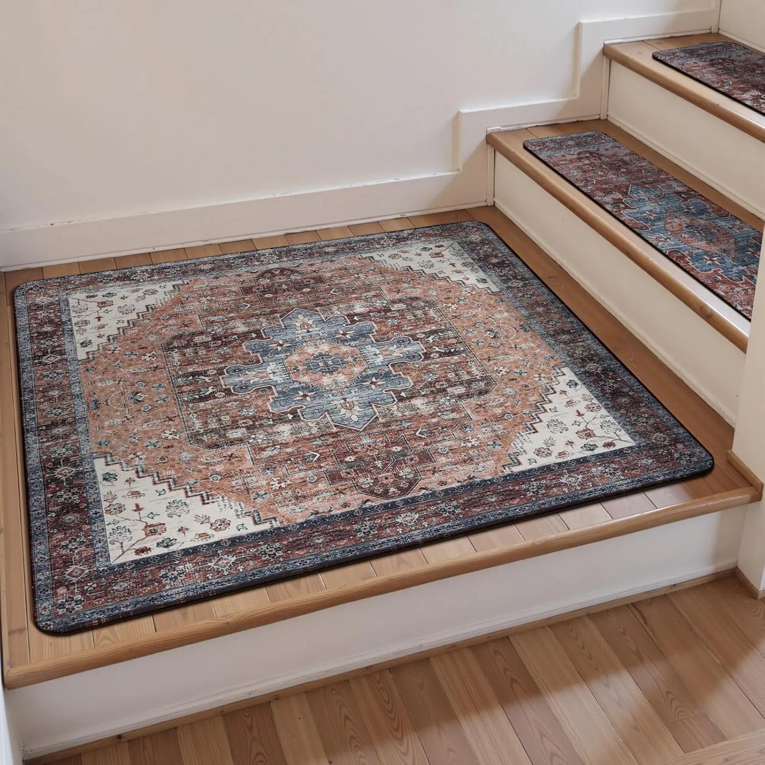 OJIA Non-Slip Stair Treads Matching Mat for Wooden Steps, Square Rubber Backing Anti-Slip Stair Carpet Landing Mat Stair Rugs 31x31 inch