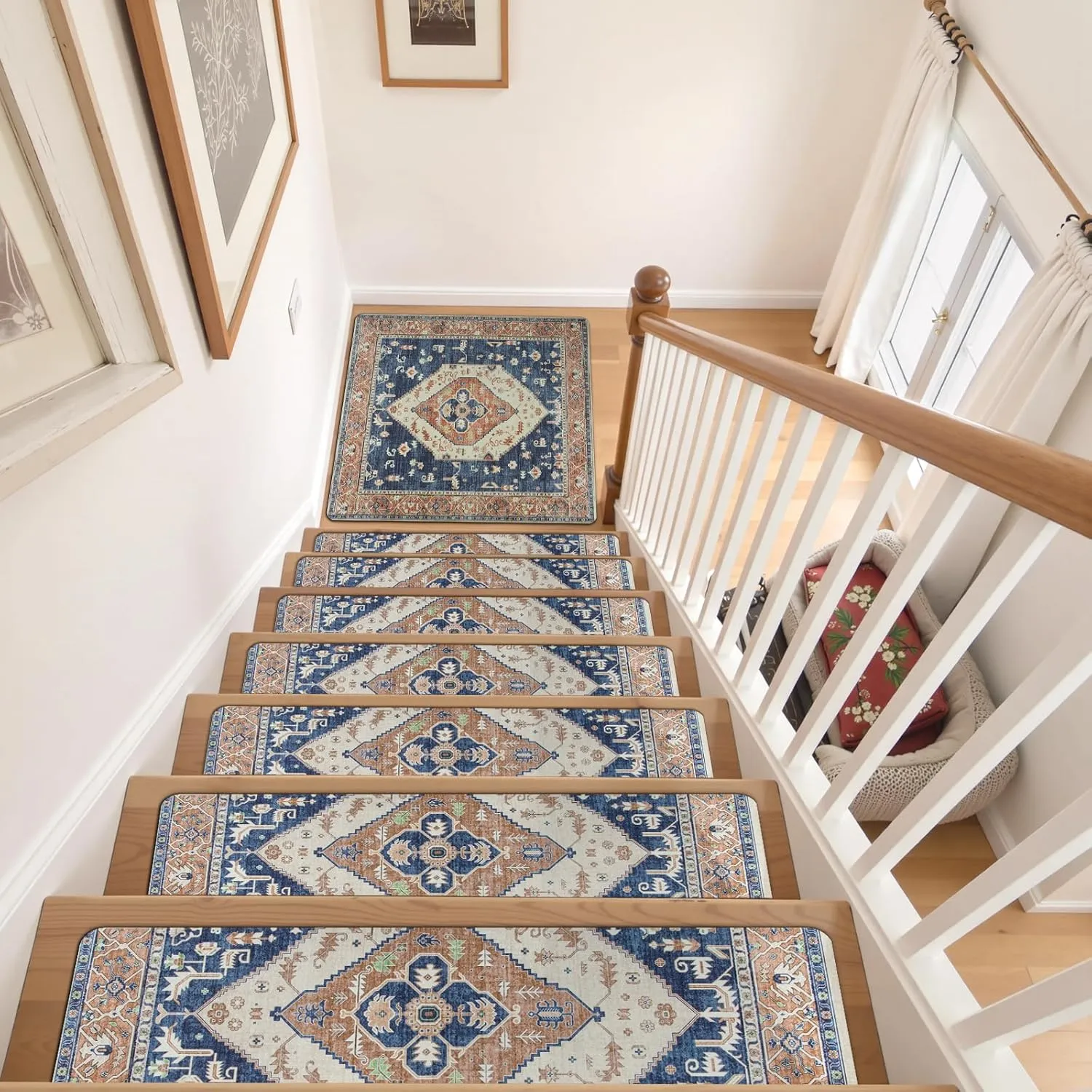 OJIA Stair Treads Non-Slip Matching Mat for Wooden Steps, Square Capet Stair Treads Rubber Backing Stair Runner Anti-Slip Stair Landing Mat 31x31 Inch Stair Treads