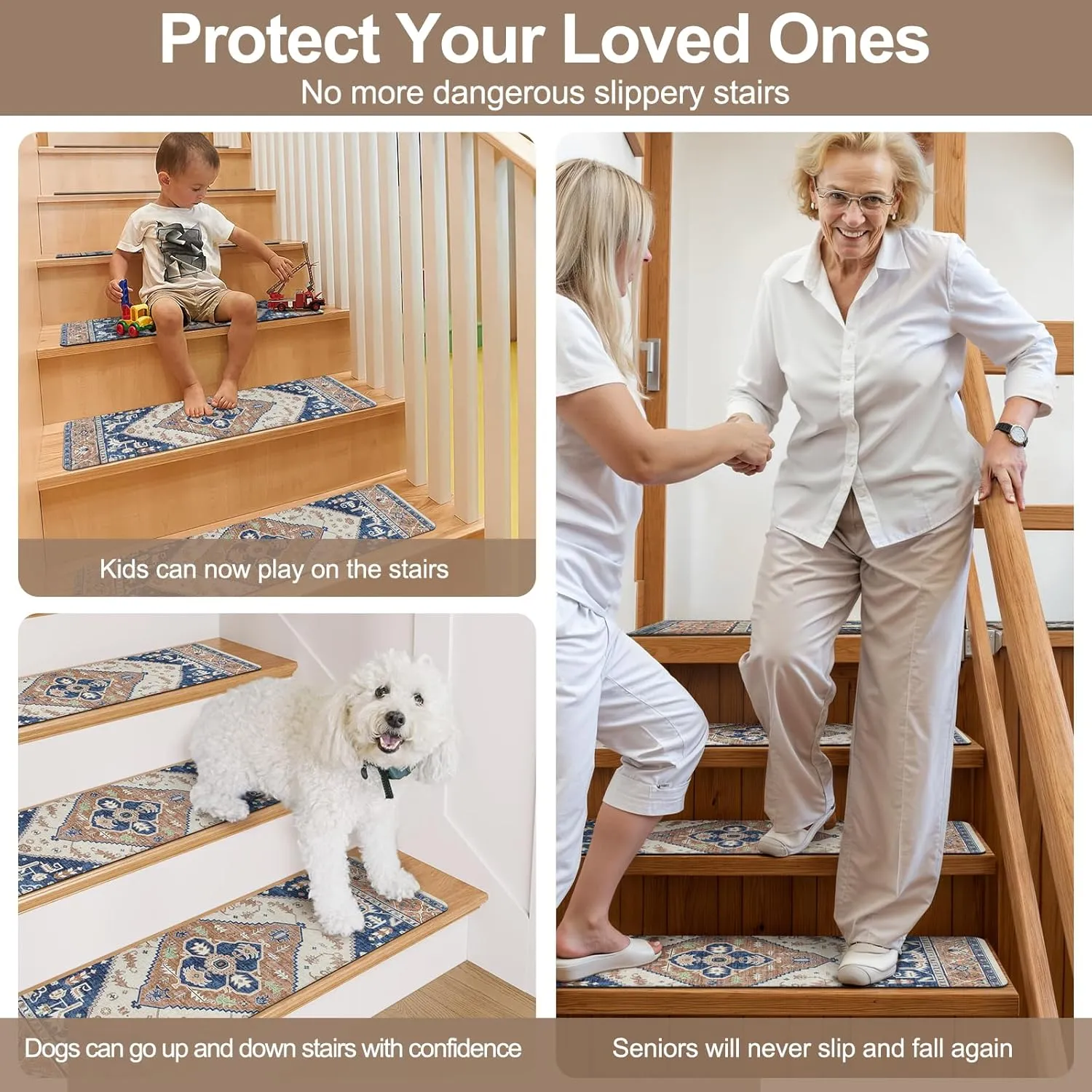 OJIA Stair Treads Non-Slip Matching Mat for Wooden Steps, Square Capet Stair Treads Rubber Backing Stair Runner Anti-Slip Stair Landing Mat 31x31 Inch Stair Treads