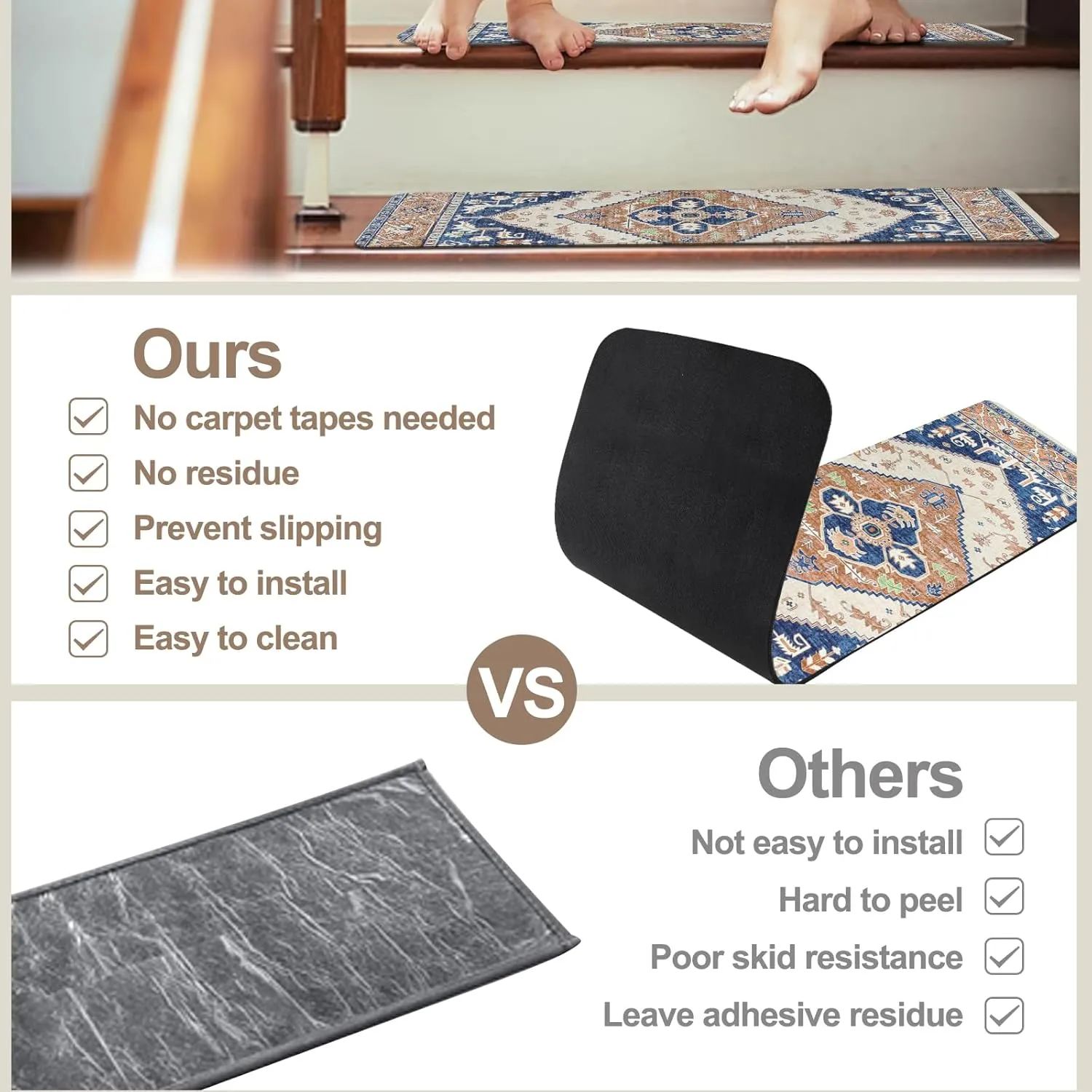 OJIA Stair Treads Non-Slip Matching Mat for Wooden Steps, Square Capet Stair Treads Rubber Backing Stair Runner Anti-Slip Stair Landing Mat 31x31 Inch Stair Treads
