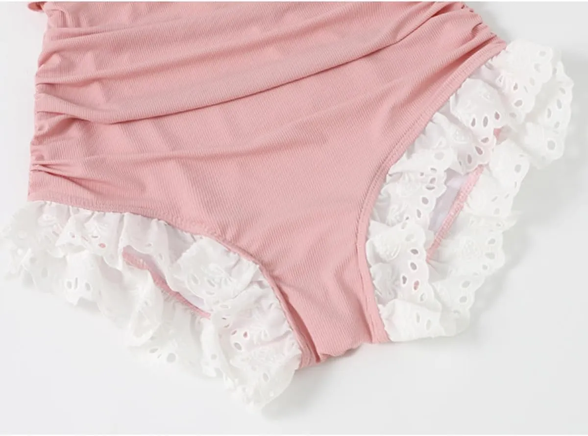 One Piece Swimsuit Women Teens Tummy Control Short Sleeve Kawaii Strawberry Vintage Ruffle Ruched Bathing Suit