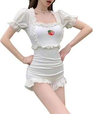 One Piece Swimsuit Women Teens Tummy Control Short Sleeve Kawaii Strawberry Vintage Ruffle Ruched Bathing Suit