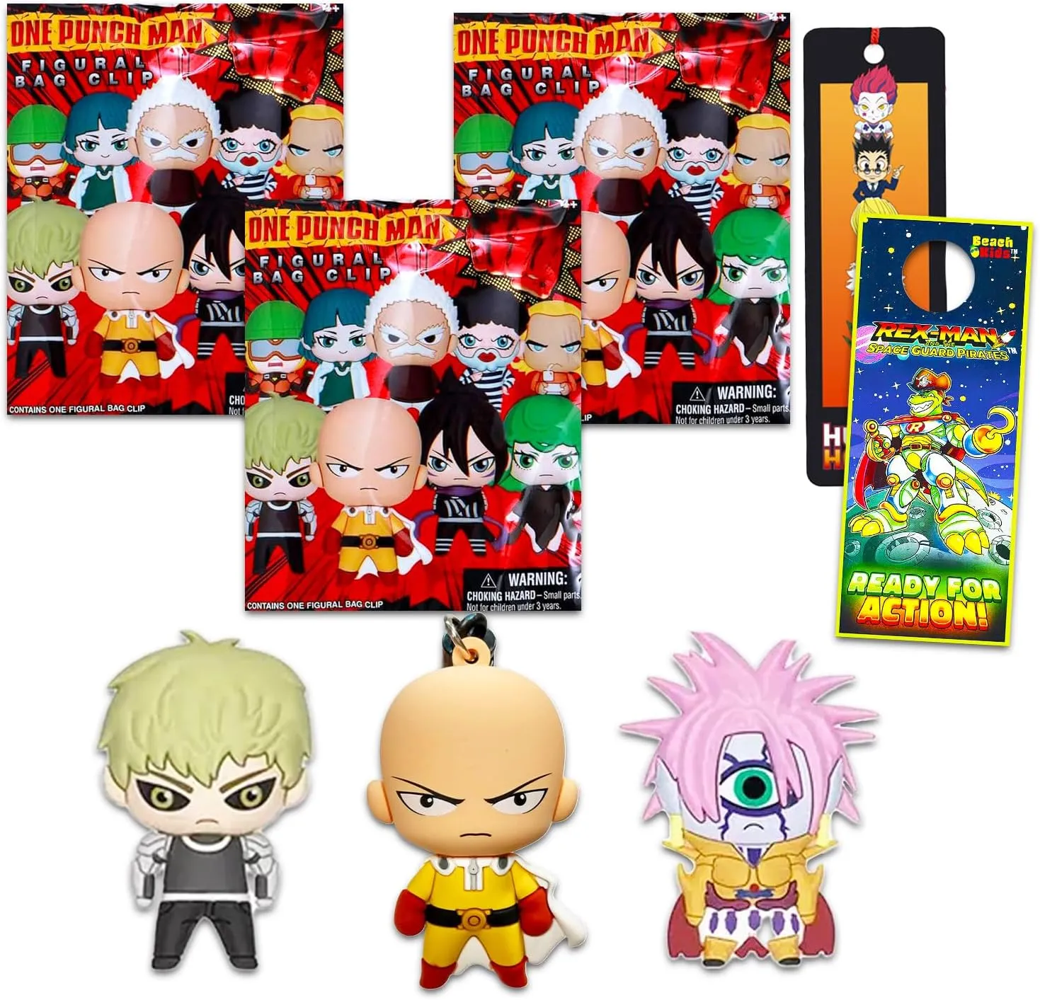 One Punch Man Blind Bags Set - Bundle with 3 Series 2 One Punch Man Figural Bag Clips Plus Bookmark, More for Kids, Boys, Girls | One Punch Man Goodie Bags for Teens, Adults