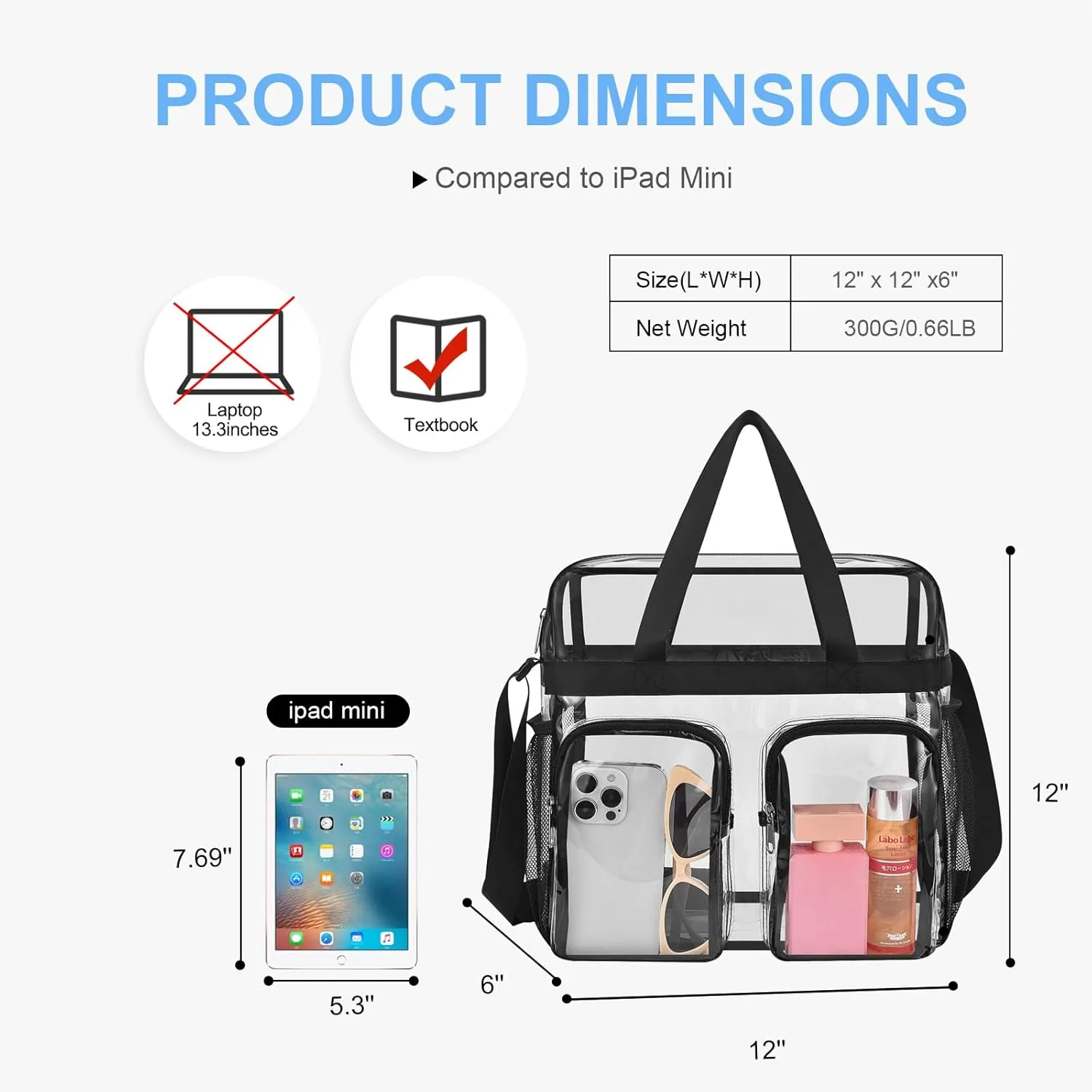 Oraben Clear Tote Bag Clear Bag Stadium Approved 12x6x12 Stadium Bag for Work, Sports Games,Gym
