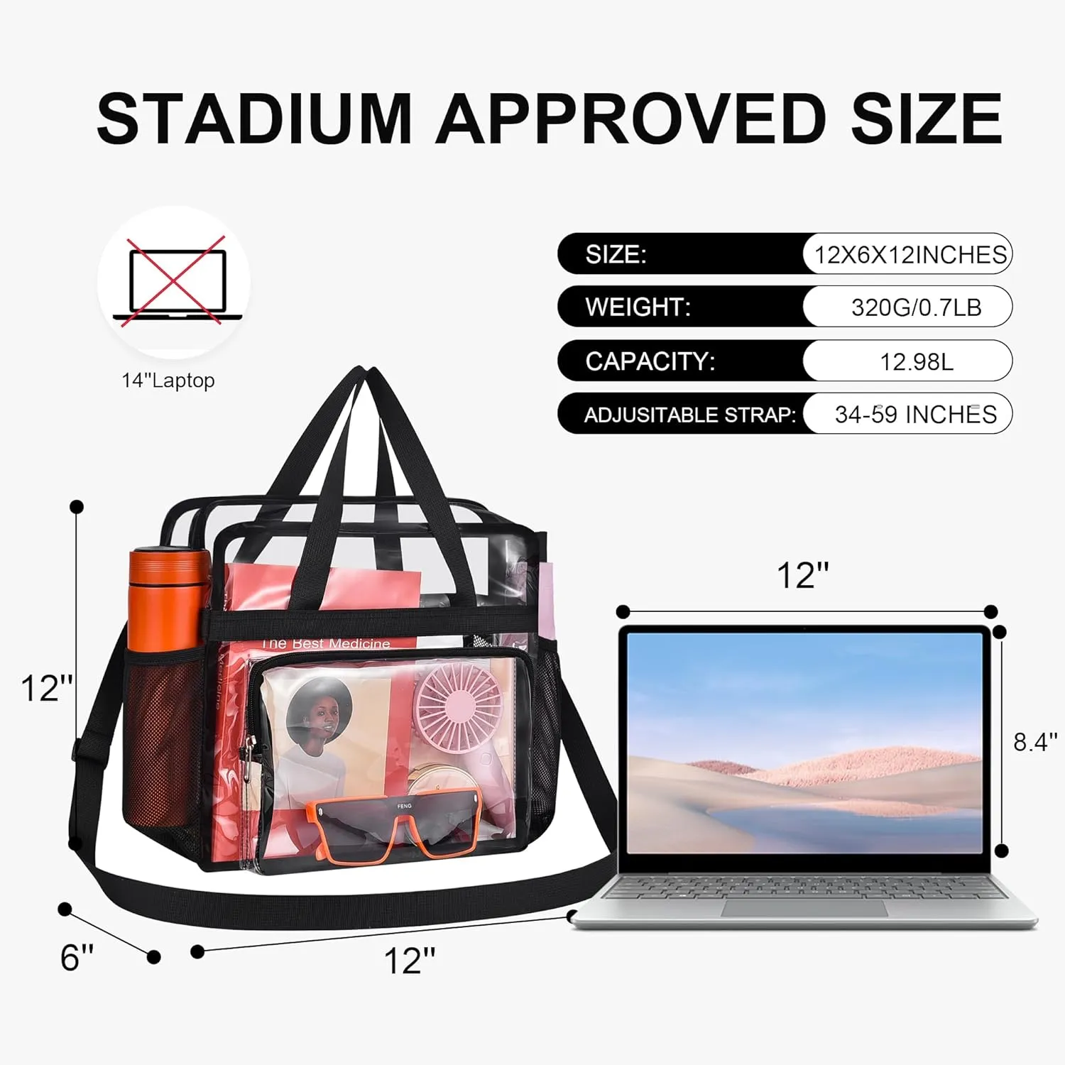 Oraben Clear Tote Bag Clear Bag Stadium Approved 12x6x12 Stadium Bag for Work, Sports Games,Gym