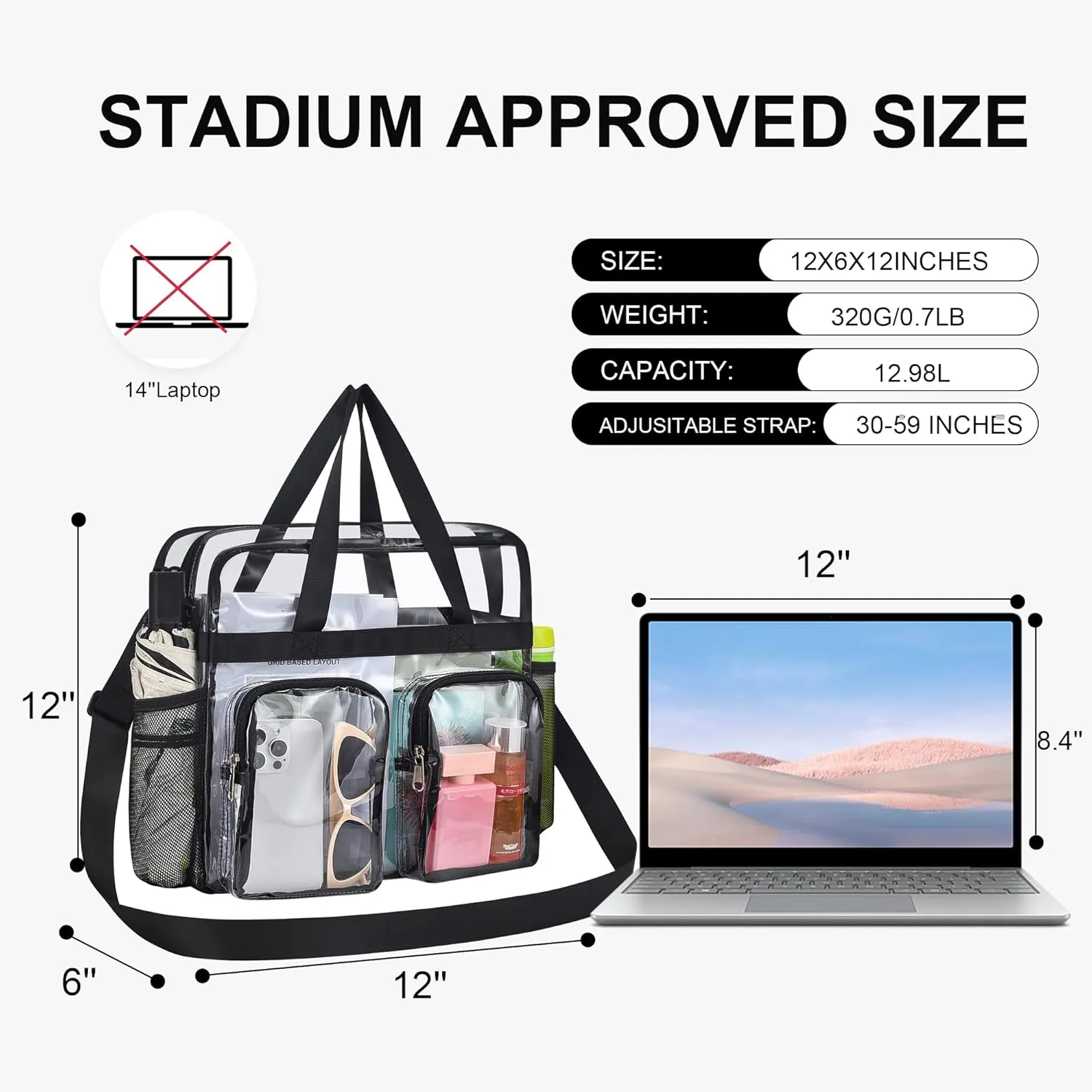 Oraben Clear Tote Bag Clear Bag Stadium Approved 12x6x12 Stadium Bag for Work, Sports Games,Gym