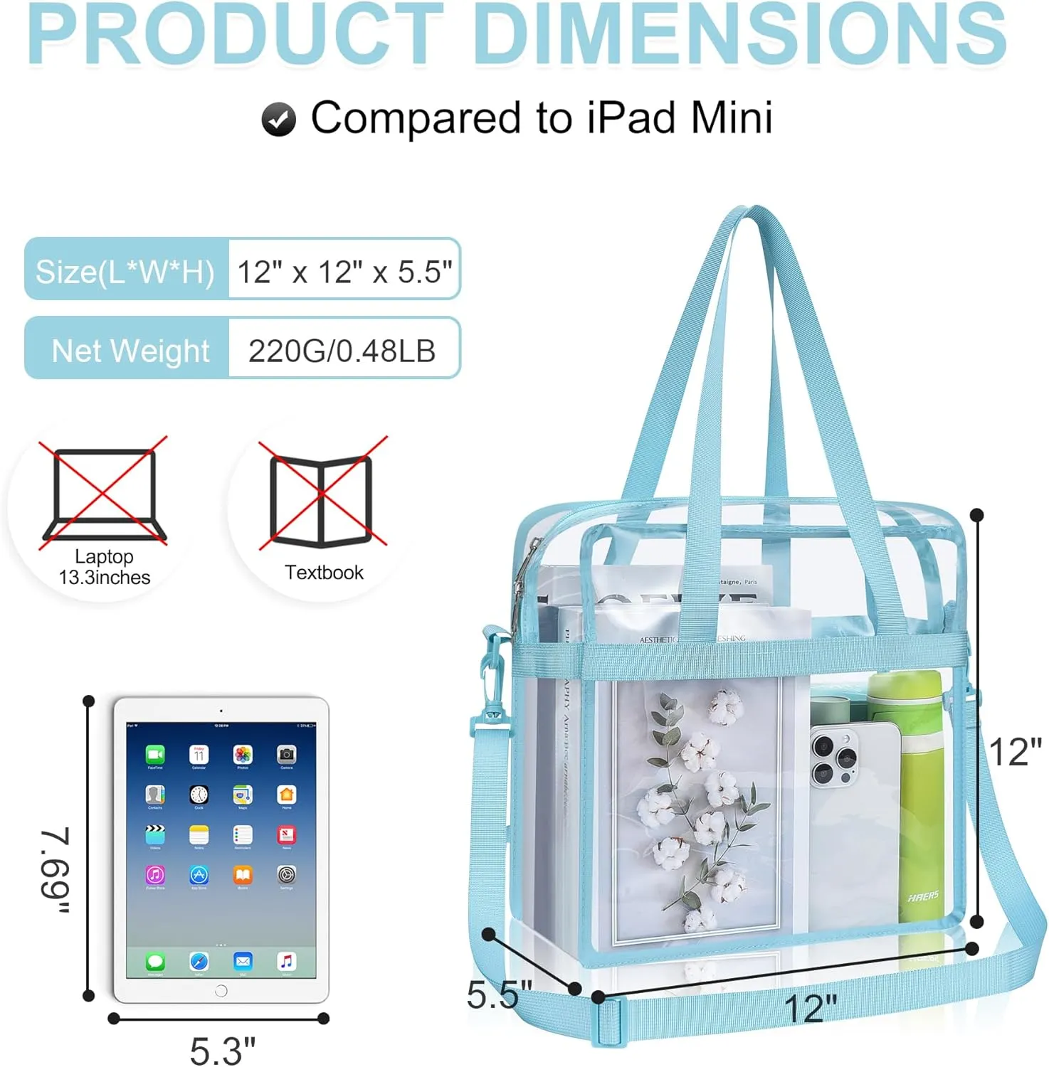 Oraben Clear Tote Bag Clear Bag Stadium Approved 12x6x12 Stadium Bag for Work, Sports Games,Gym