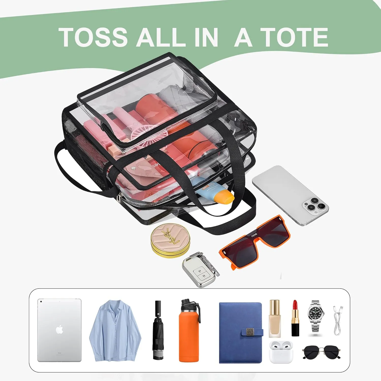 Oraben Clear Tote Bag Clear Bag Stadium Approved 12x6x12 Stadium Bag for Work, Sports Games,Gym