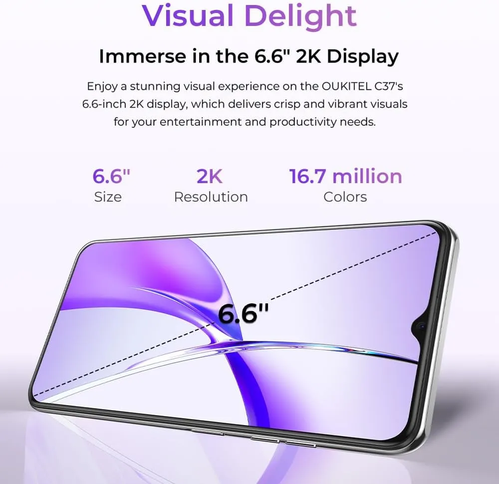 OUKITEL C37 Smartphone, 24GB RAM 256GB ROM, 6.6 Inch FHD  60Hz Display, 48MP 32MP Camera, 5150mAh, Octa-Core, 4G Dual SIM Cell Phones, Fingerprint, Face ID, GPS, Black