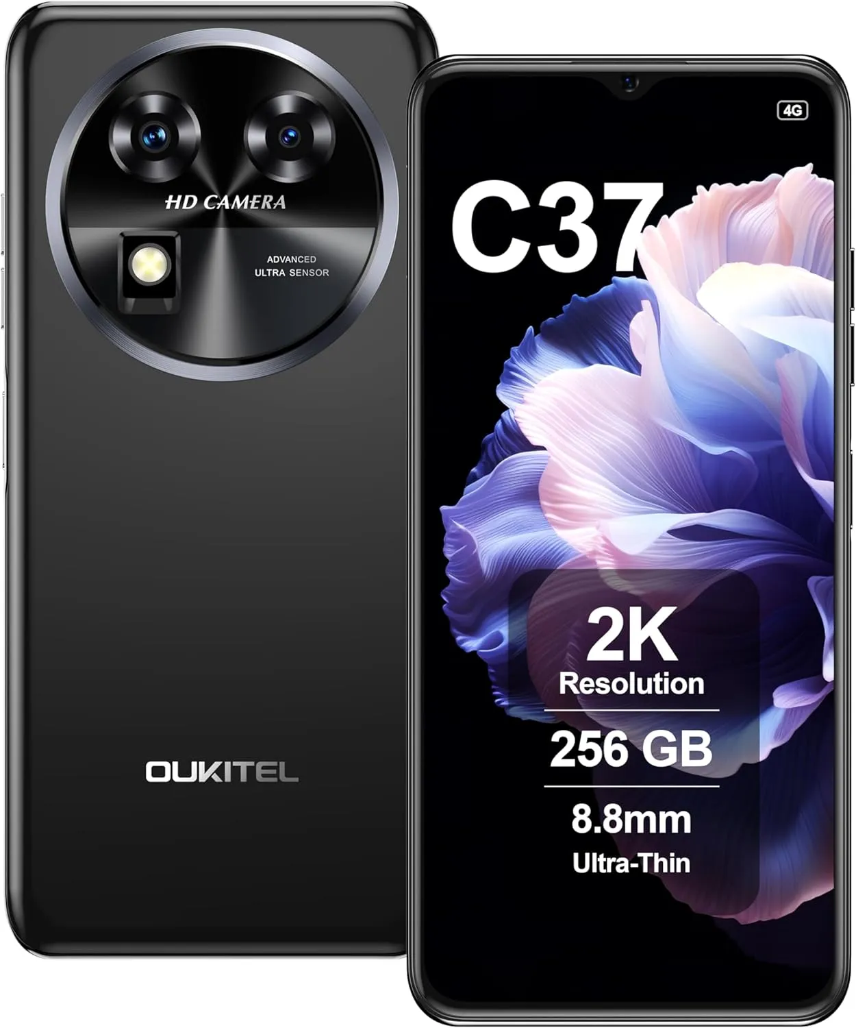 OUKITEL C37 Smartphone, 24GB RAM 256GB ROM, 6.6 Inch FHD  60Hz Display, 48MP 32MP Camera, 5150mAh, Octa-Core, 4G Dual SIM Cell Phones, Fingerprint, Face ID, GPS, Black