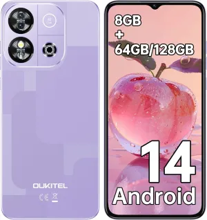 OUKITEL C57S Unlocked Mobile Phones - 8GB 64GB/128GB Cell Phone, 4300mAh Battery, 6.52 inch HD  Android 14 Smartphones Octa-core, 13MP 5MP Camera 4G Dual SIM, Face ID/GPS/3.5mm Jack, Purple