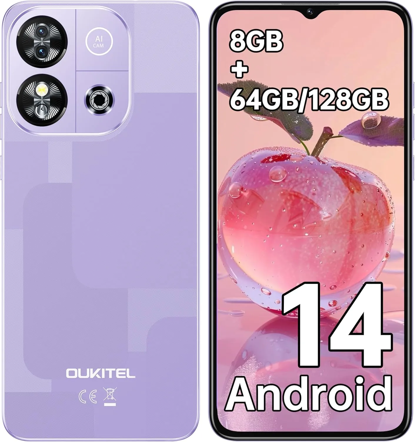 OUKITEL C57S Unlocked Mobile Phones - 8GB 64GB/128GB Cell Phone, 4300mAh Battery, 6.52 inch HD  Android 14 Smartphones Octa-core, 13MP 5MP Camera 4G Dual SIM, Face ID/GPS/3.5mm Jack, Purple