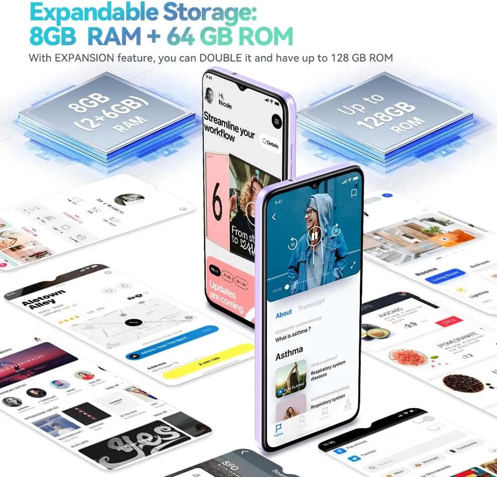 OUKITEL C57S Unlocked Mobile Phones - 8GB 64GB/128GB Cell Phone, 4300mAh Battery, 6.52 inch HD  Android 14 Smartphones Octa-core, 13MP 5MP Camera 4G Dual SIM, Face ID/GPS/3.5mm Jack, Purple