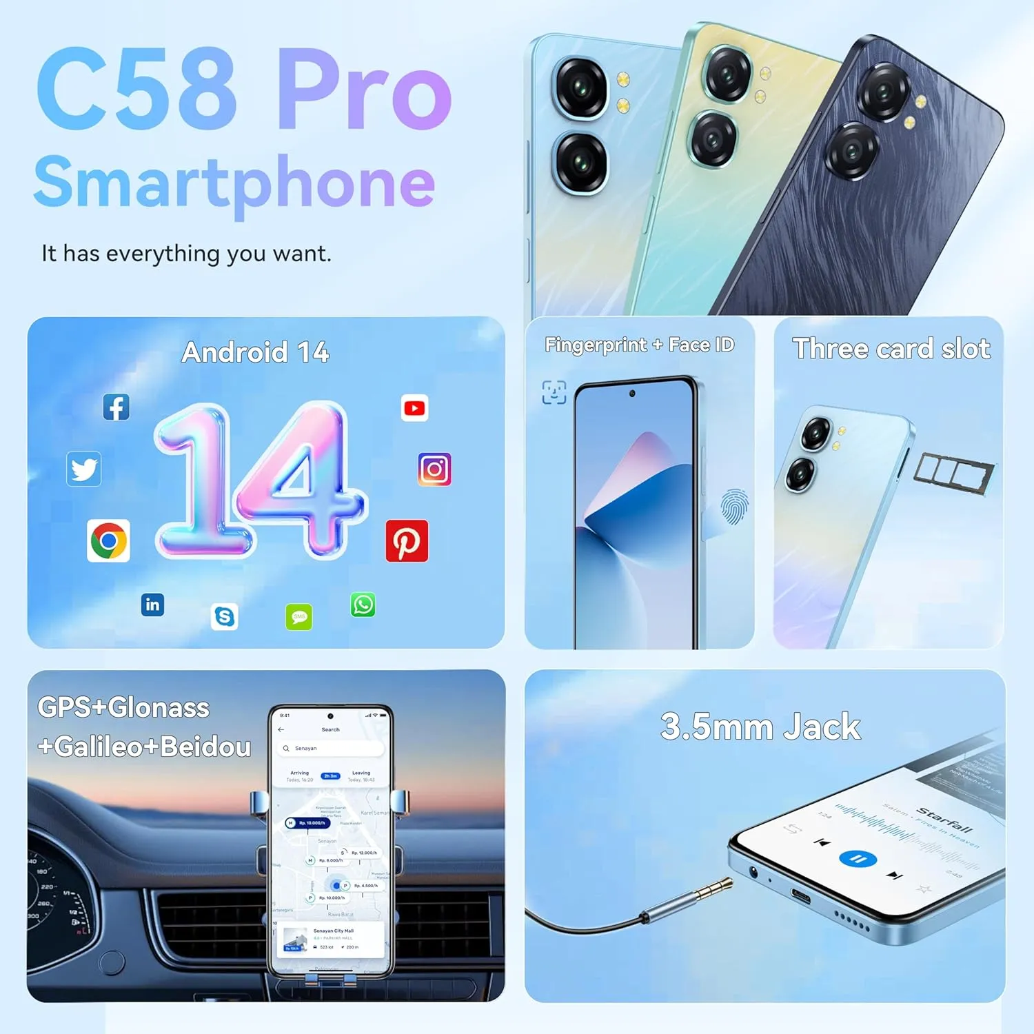 OUKITEL C58 Pro Unlocked Cell Phone - Android 14 Mobile Phone with 24(6 18) GB  256GB/1TB TF Expand, 6.7" HD  Screen 90Hz 5150mAh Battery 50MP Main Camera Smartphones, NFC/T-Mobile/OTG/Dual SIM 2025