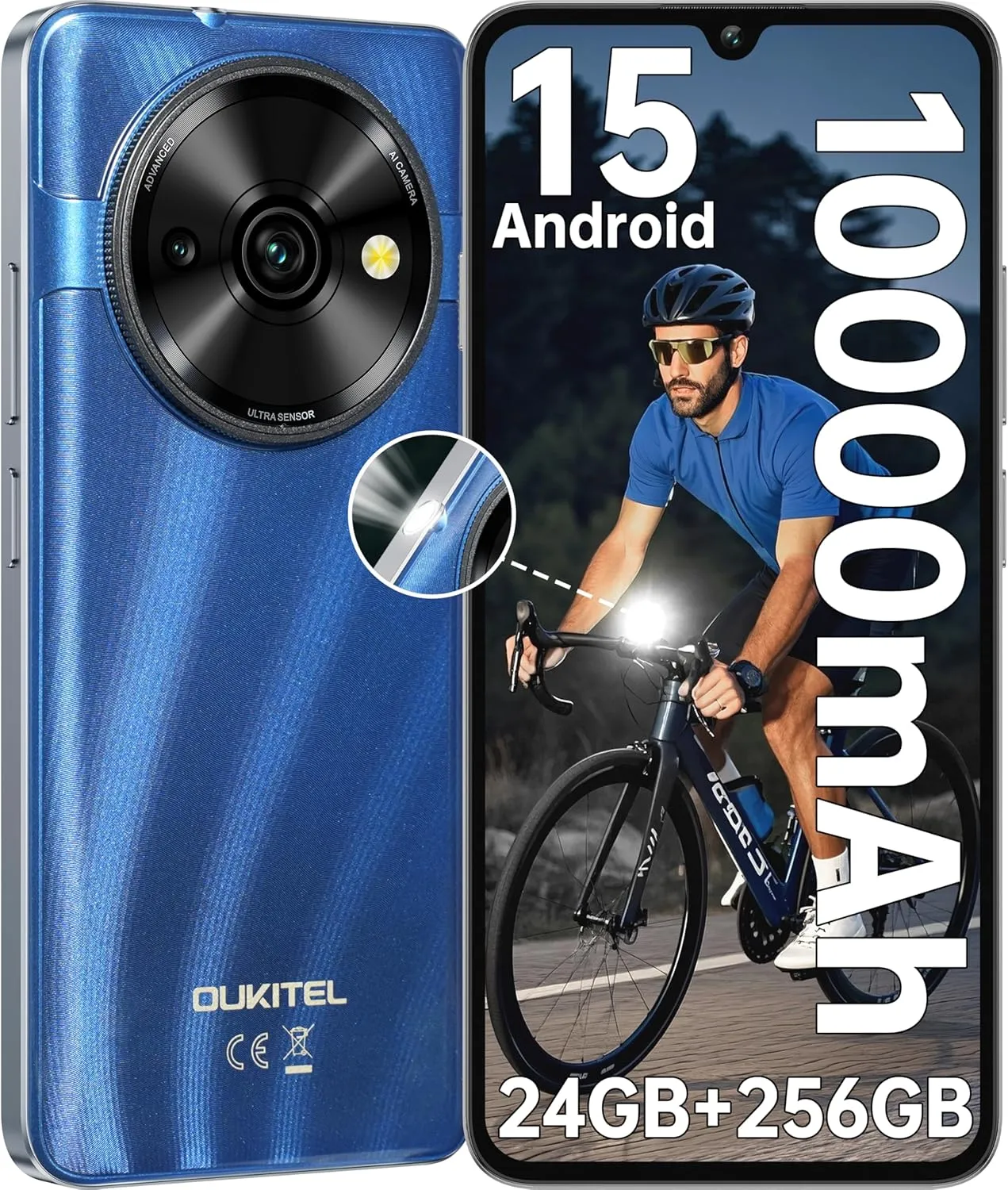 OUKITEL C59 Pro Unlocked Cell Phone Android 15-6.88”HD  Screen 10000 mAh Battery 24GB  256GB Expand 1TB Mobile Phones with 110LM Flashlight, NFC 13MP Camera Smartphone, Fingerprint/4G Dual SIM/OTG