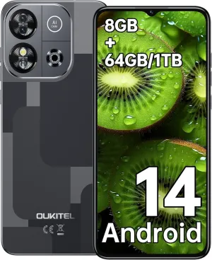 OUKITEL Rugged Android 14 Phone, 64GB ROM   128GB Expandable, 8GB RAM, Reinforced Design, Sleek Silver Edition